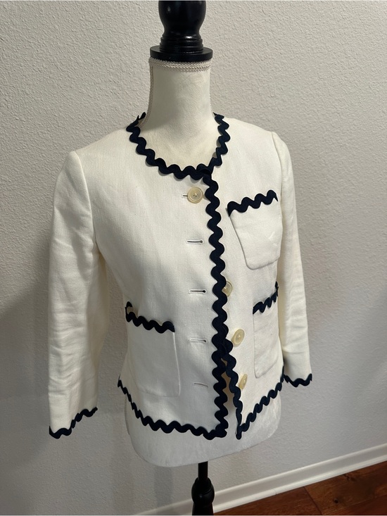 J. Crew Jackets & Blazers - Women's White Cropped Jacket with Navy Trim - Classic Button Front